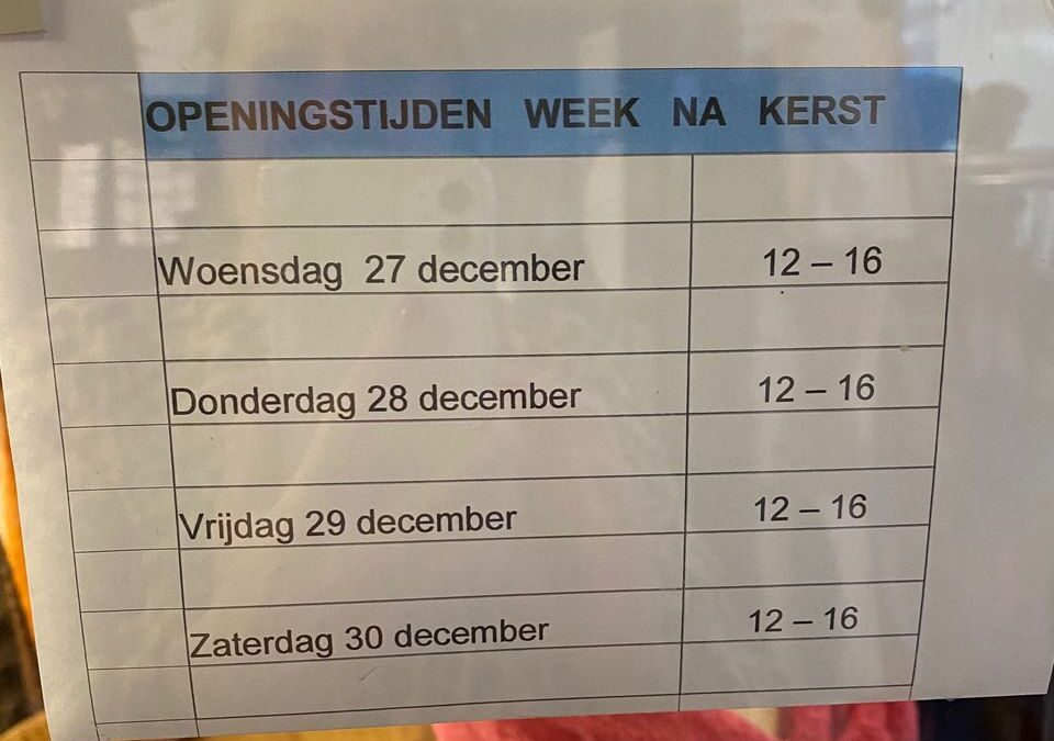 Aangepaste openingstijden laatste week van 2023+ kleermaker op vakantie